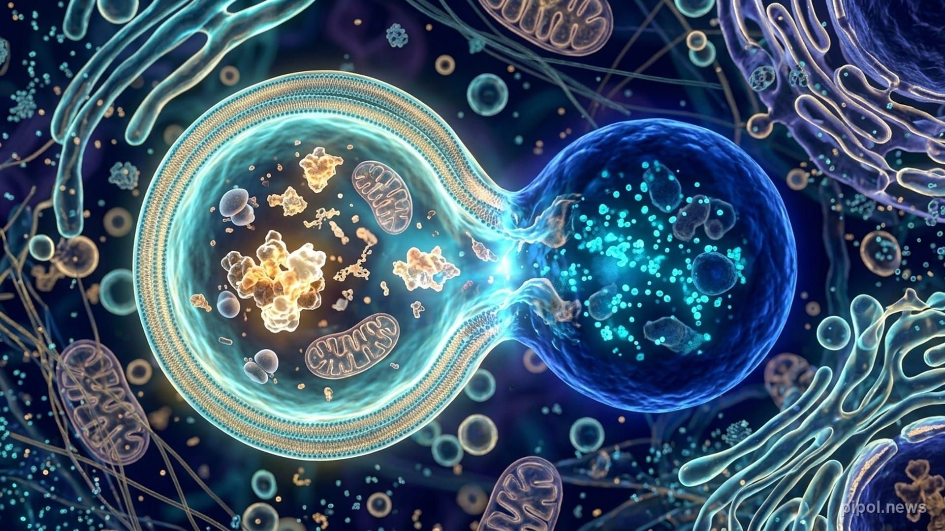Representación microscópica 3D de autofagosoma fusionándose con un lisosoma para el reciclaje celular de proteínas