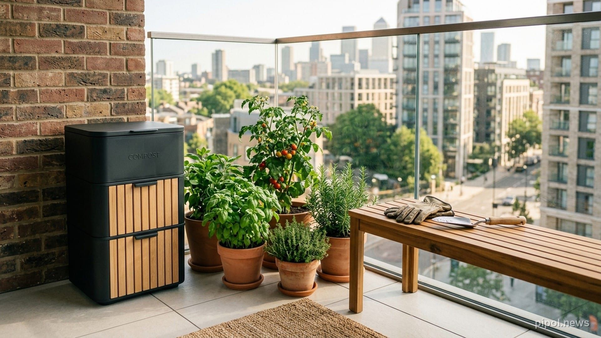 Compostera modular vertical en un balcón de departamento junto a plantas aromáticas y restos orgánicos secos