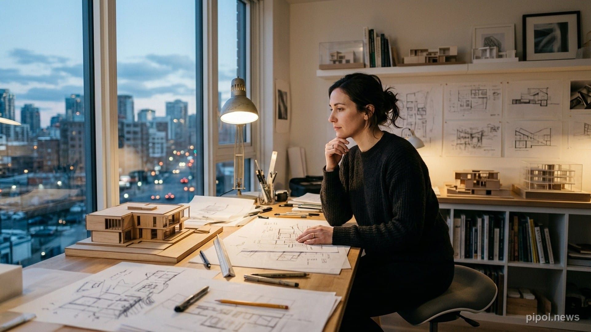 Profesional en un estudio de diseño moderno en un momento de introspección y reflexión ante sus proyectos