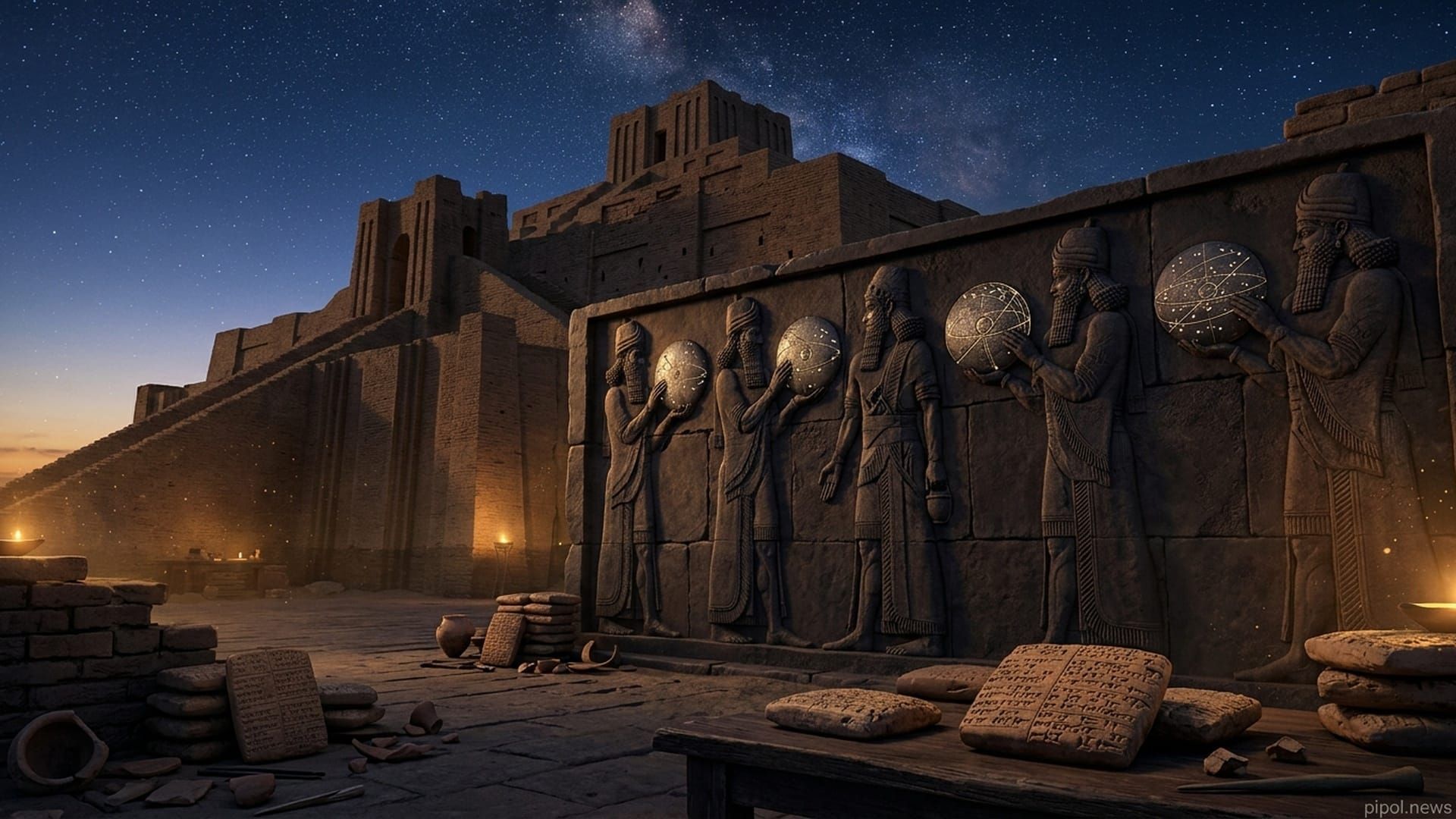 Relieve monumental de deidades mesopotámicas sosteniendo esferas astronómicas frente a un zigurat sumerio al anochecer