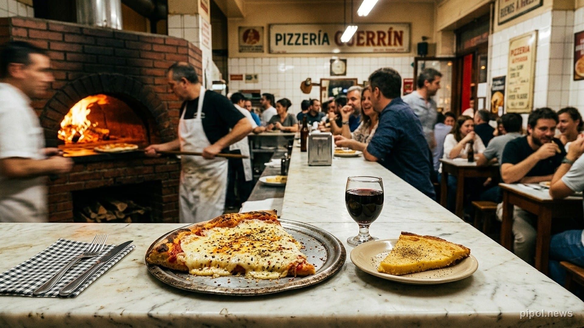 Mostrador clásico de pizzería porteña con porciones doradas de pizza al molde recién salidas del horno a leña y fainá