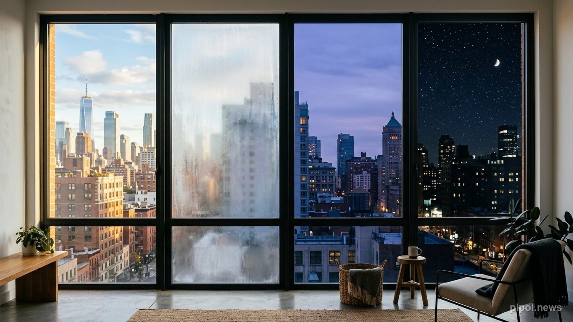 Ventana conceptual de cuatro paneles de vidrio iluminados con luces cálidas y frías representando los cuadrantes del autoconocimiento de Johari