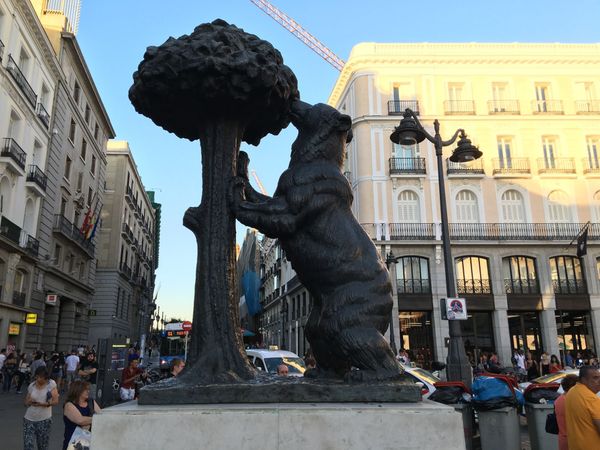 La estatua del Oso y el Madroño en la Puerta del Sol de Madrid, con el oso erguido apoyado en el árbol y los edificios de la plaza detrás.
