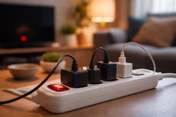 Zapatilla con interruptor encendido y varios cargadores enchufados en una mesa, con un televisor en modo standby al fondo.