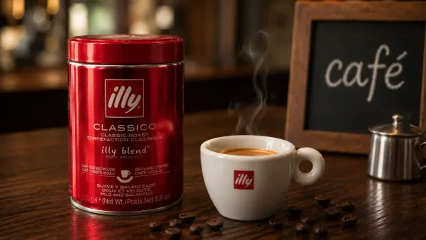 Lata roja de café Illy junto a una taza de espresso recién servida con crema dorada sobre mesa de madera oscura