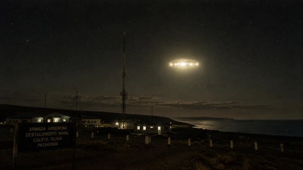 Cielo nocturno sobre la costa patagónica con luz luminosa de origen desconocido, evocando el avistamiento UAP de Trelew 1962