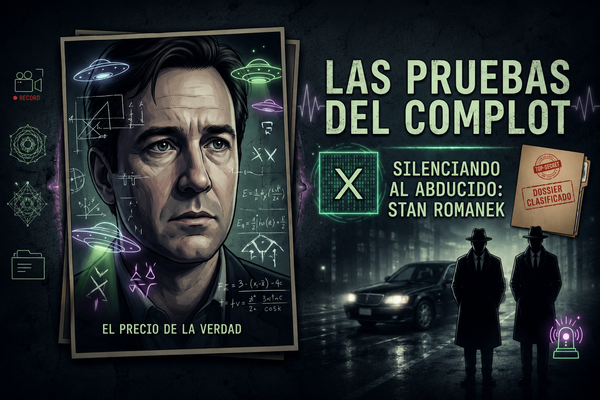Gráfico de estilo expediente de investigación con un retrato serio de Stan Romanek rodeado de ecuaciones complejas, símbolos de ovnis, siluetas de agentes con abrigos negros