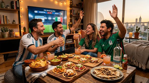 Grupo de amigos en una sala con estética cálida disfrutando comida mexicana premium y cócteles Paloma frente a la TV durante un partido del Mundial 2026.