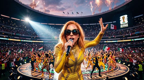 Primer plano de una cantante misteriosa con cabello cobrizo y gafas de sol XL, en el escenario del Estadio Azteca durante la inauguración del Mundial 2026. 