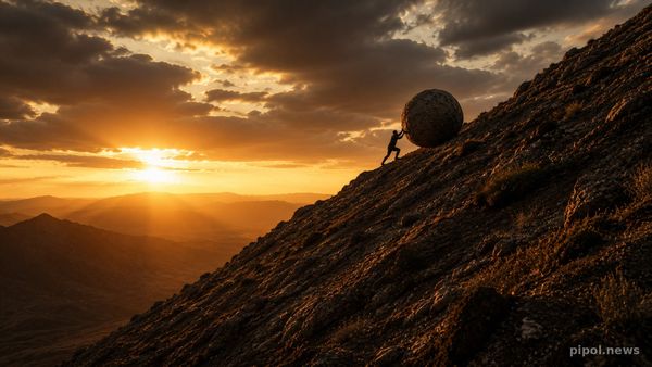 Silueta de un hombre empujando una gran roca por la ladera de una montaña al atardecer