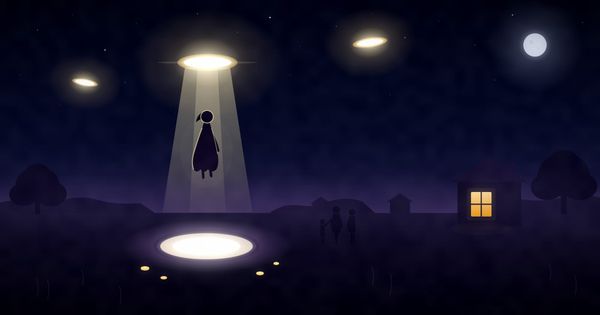 representación gráfica de mujer siendo abducida por un ovni durante la noche.