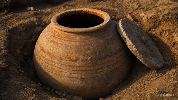 Tinaja de barro antigua semienterrada en tierra, con la boca abierta y oscura y la tapa de piedra corrida a un costado, bajo luz cálida de atardecer.