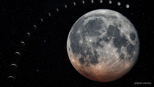 Luna llena en detalle sobre campo de estrellas, con la secuencia de fases lunares en arco y un tinte cobrizo de eclipse