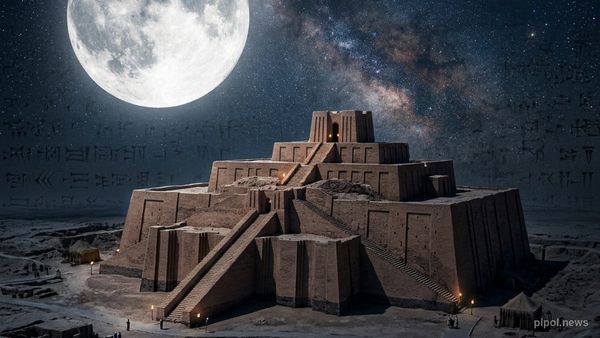 Una gran Luna llena sobre las ziggurats de la antigua Mesopotamia sumeria en un cielo estrellado dramático.