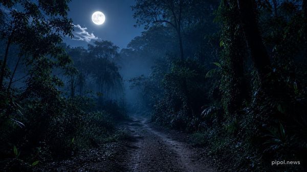 Sendero de tierra que se pierde en un monte subtropical de noche, con luna llena sobre las copas de los árboles y neblina entre la vegetación.