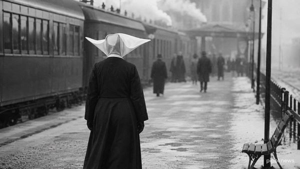 Ilustración: una religiosa con la cornette de las Hijas de la Caridad, de espaldas, en el andén de una estación durante la ocupación