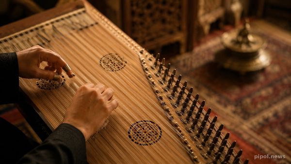 Manos tocando un qanun, la cítara de mesa oriental que abre la versión de «Sólo le pido a Dios» grabada en la dergah de Colegiales