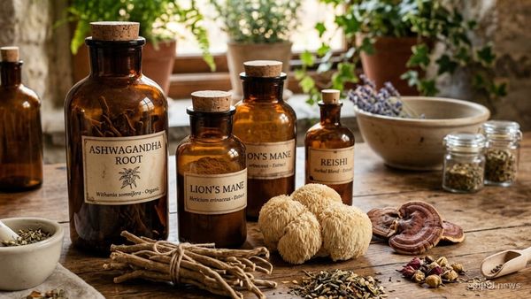 Frascos de botica de vidrio oscuro con hierbas medicinales adaptógenas y hongos nootrópicos sobre una mesa de madera rústica