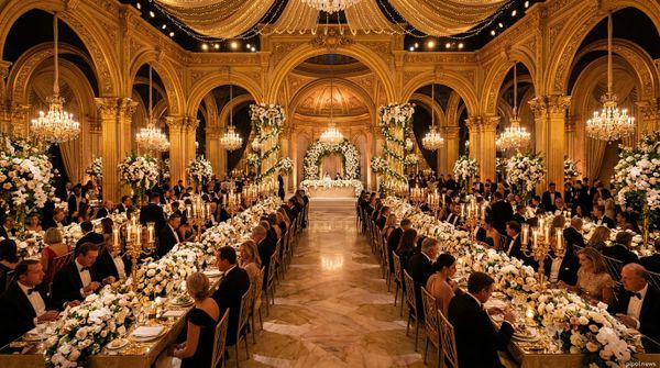 Gran banquete de boda real en un salón dorado con mesas largas iluminadas por velas y arañas de cristal.