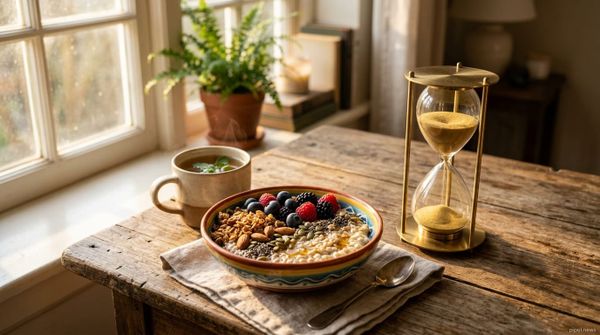 Desayuno saludable con frutas y semillas sobre mesa de madera junto a un reloj de arena iluminado por el sol.