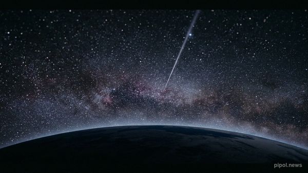 La curvatura de la Tierra bajo un vasto horizonte cósmico estrellado con un haz de luz solitario adentrándose en el espacio
