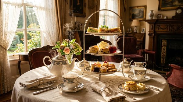 Mesa de té victoriana británica con tetera de porcelana, torre de tres pisos con scones y sándwiches iluminada por el sol.