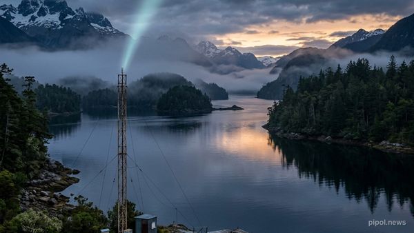 Paisaje nocturno de los fiordos patagónicos de Chile con niebla sobre las aguas e instalaciones de antena de radio emitiendo un haz de luz