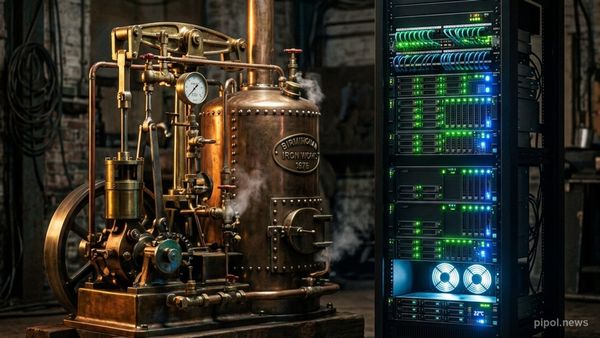 Concepto visual surrealista y futurista de una máquina industrial antigua rodeada de servidores de datos e iluminación LED brillante