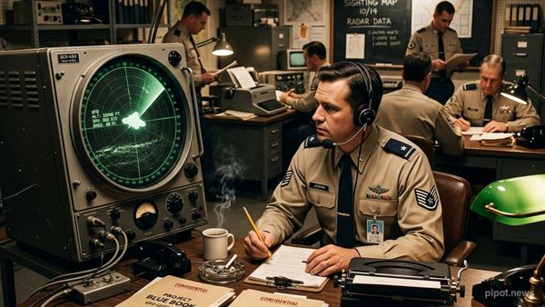 Oficina de inteligencia de la Fuerza Aérea de EE.UU. en los años 50 con expedientes del Proyecto Libro Azul y pantalla de radar