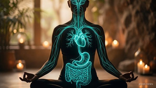 Ilustración médica estilizada y futurista que muestra las conexiones neuronales del nervio vago iluminando el cuerpo humano