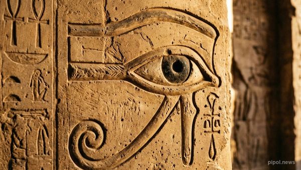 Bajorrelieve en piedra del antiguo Egipto que representa el Ojo de Horus (Wedjat) iluminado por una cálida luz dorada