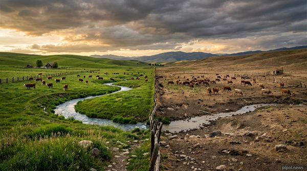Paisaje pastoral dividido en dos: pradera verde con ganado y arroyo frente a tierra seca y sobreexplotada.