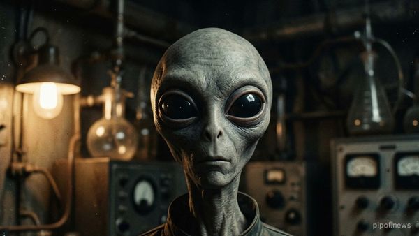 Retrato en primer plano de la entidad extraterrestre Skinny Bob en un laboratorio de época