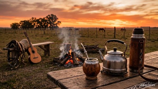 Mesa rústica de madera en el campo argentino con mate criollo de calabaza, pava y termo, con un fogón encendido al atardecer en la pampa