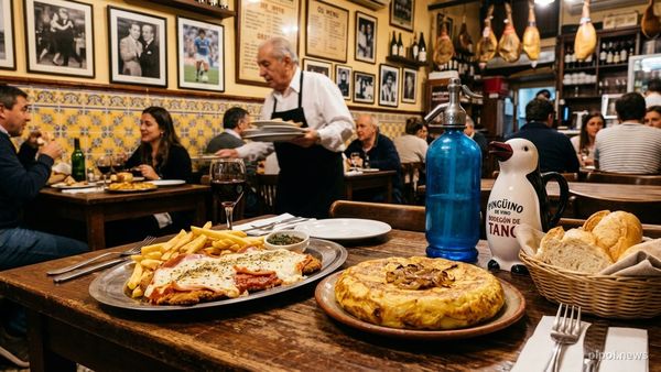 Mesa servida en un bodegón tradicional de Buenos Aires con milanesa napolitana, tortilla babé, sifón de soda azul y pingüino de vino