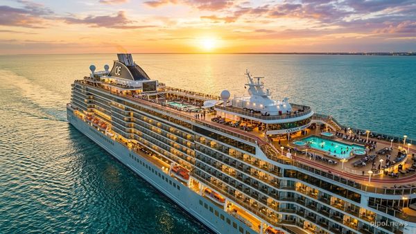 Moderno buque de crucero navegando en alta mar al atardecer con luces doradas reflejadas en las cubiertas y balcones
