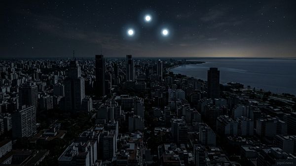 Vista aérea nocturna de Buenos Aires completamente a oscuras por el apagón masivo con tres luces misteriosas brillantes en formación triangular sobre el cielo