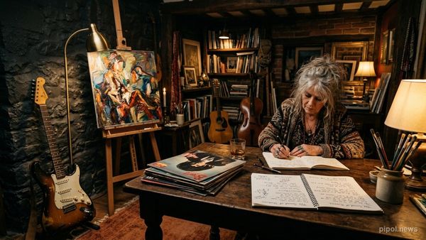 Estudio bohemio de un artista con guitarra eléctrica apoyada, lienzos al óleo, discos de vinilo y luz tenue