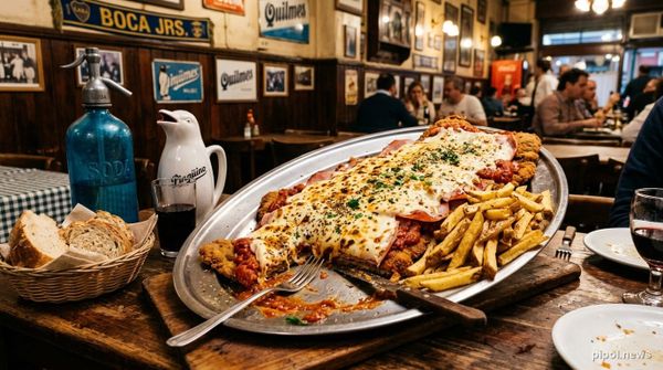 Milanesa a la napolitana XXL sobre fuente ovalada de acero inoxidable en una mesa de bodegón tradicional con sifón de soda azul, pingüino de vino y papas fritas