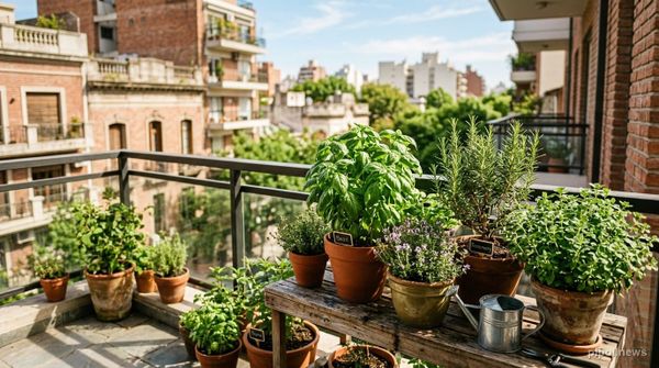 Macetas de barro y terracota con albahaca frondosa, romero, orégano y tomillo en un balcón urbano soleado de Buenos Aires