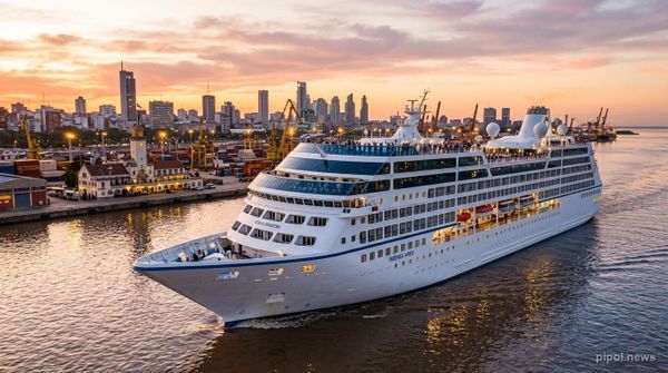 Gran barco de crucero internacional zarpando de la Terminal Quinquela Martín en el Puerto de Buenos Aires al atardecer