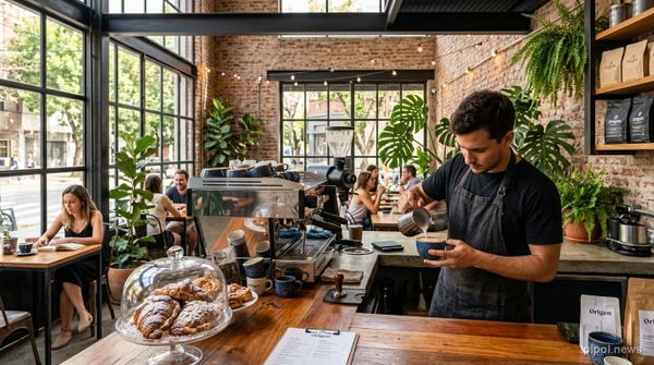 Interior luminoso de una cafetería de especialidad contemporánea en Buenos Aires con barra de madera y barista preparando café