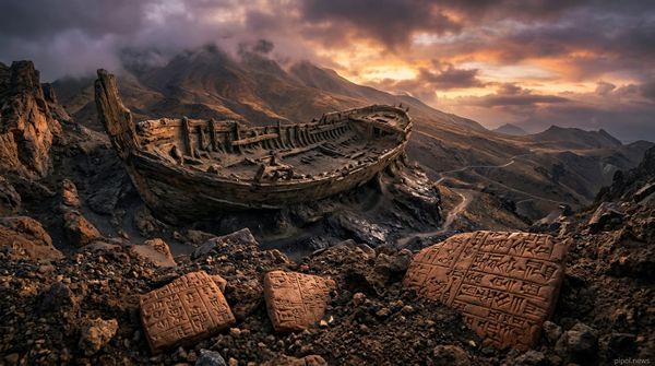 Formación petrificada en forma de nave sobre la ladera de una montaña ancestral con tablillas cuneiformes sumerias en primer plano