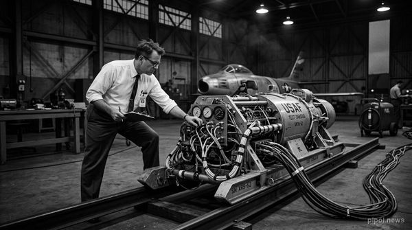 Ingeniero aeroespacial inspeccionando sensores y cableado en un trineo de pruebas de la Fuerza Aérea en un hangar de 1949