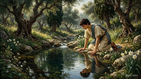 Narciso arrodillado junto a un manantial cristalino en un bosque mediterráneo contemplando su reflejo en el agua