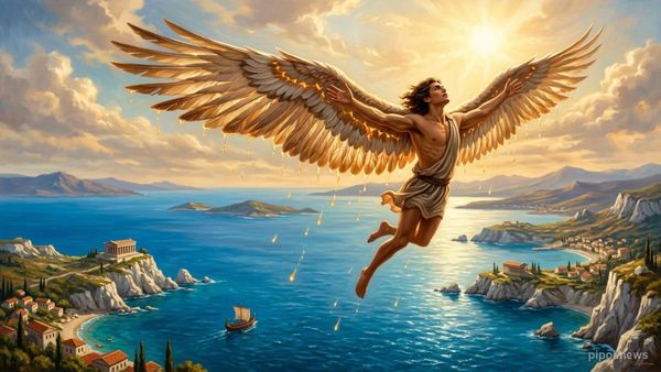 Ícaro volando con alas de plumas y cera sobre el mar Egeo bajo la luz dorada del sol