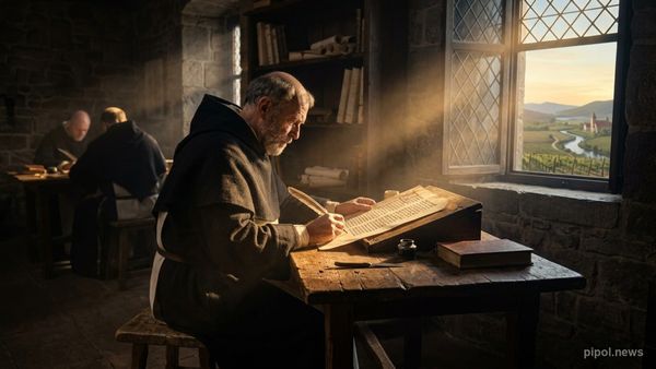 Filósofo franciscano medieval en un escritorio iluminado por un rayo de sol matinal en un scriptorium