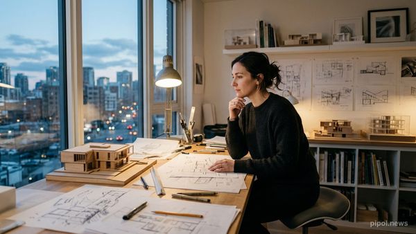 Profesional en un estudio de diseño moderno en un momento de introspección y reflexión ante sus proyectos