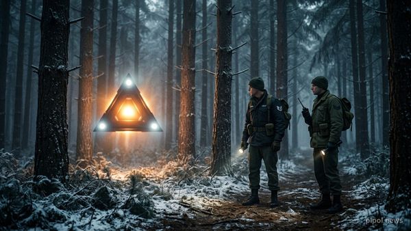 Patrulla militar de la USAF observando un objeto triangular luminoso en medio del bosque de Rendlesham de noche