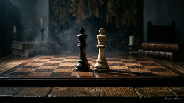Tablero de ajedrez con dos reyes iluminados en penumbra representando la tensión de la teoría de juegos y el dilema del prisionero